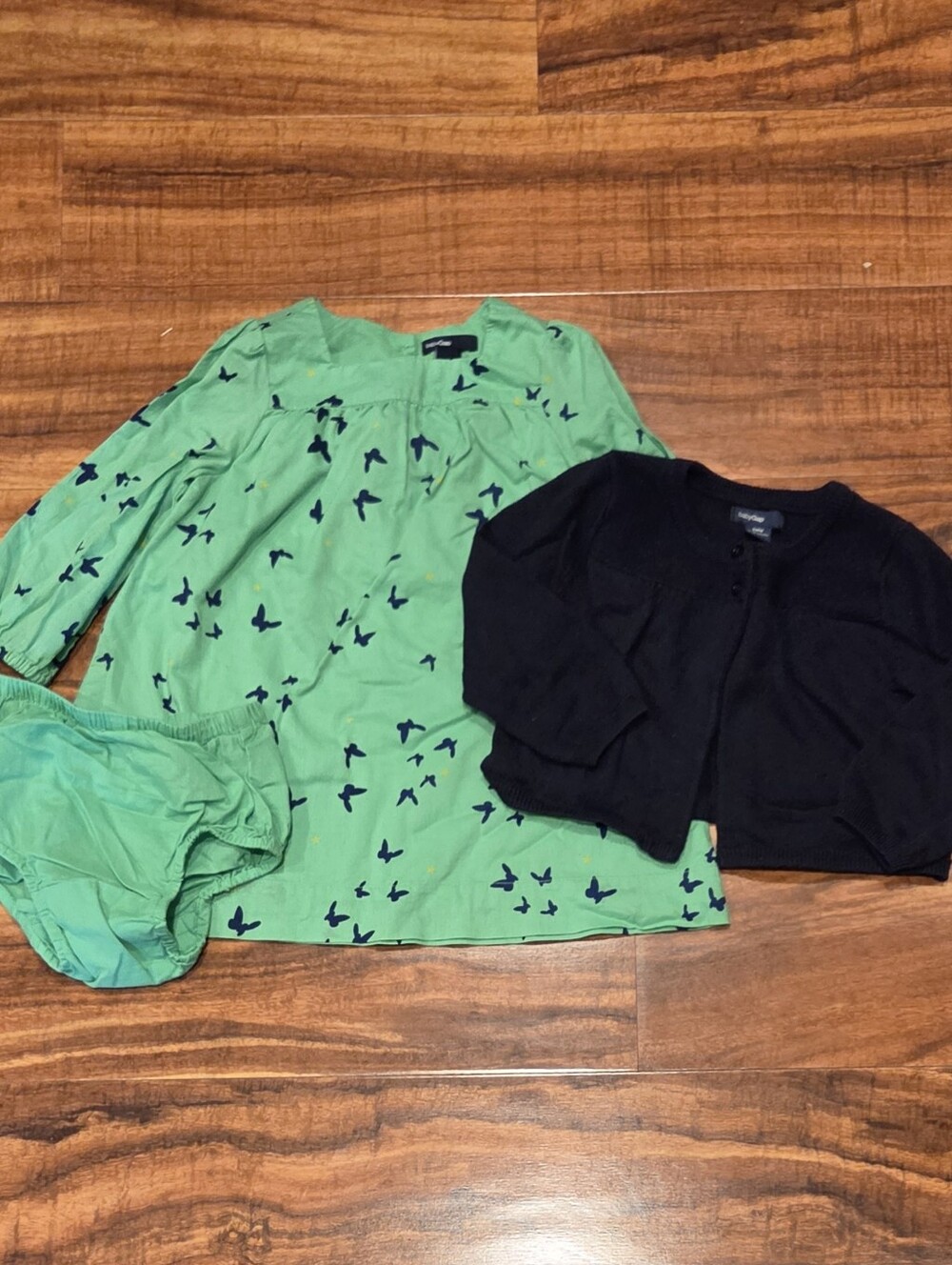 GAP Baby EUC 18-24 Months Green Butterfly Print Dress and Navy Cardigan